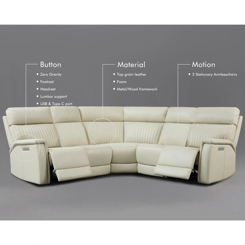Cream Genuine Leather Power Reclining Sectional Sofa Set for 7, with USB & USB-C Ports