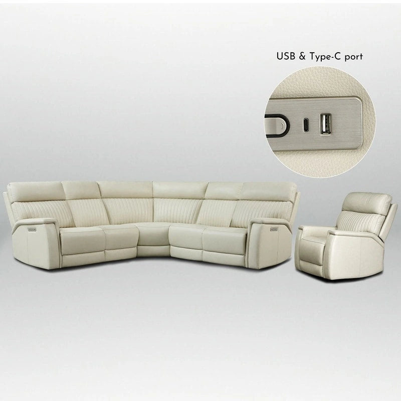 Cream Genuine Leather Power Reclining Sectional Sofa Set for 7, with USB & USB-C Ports