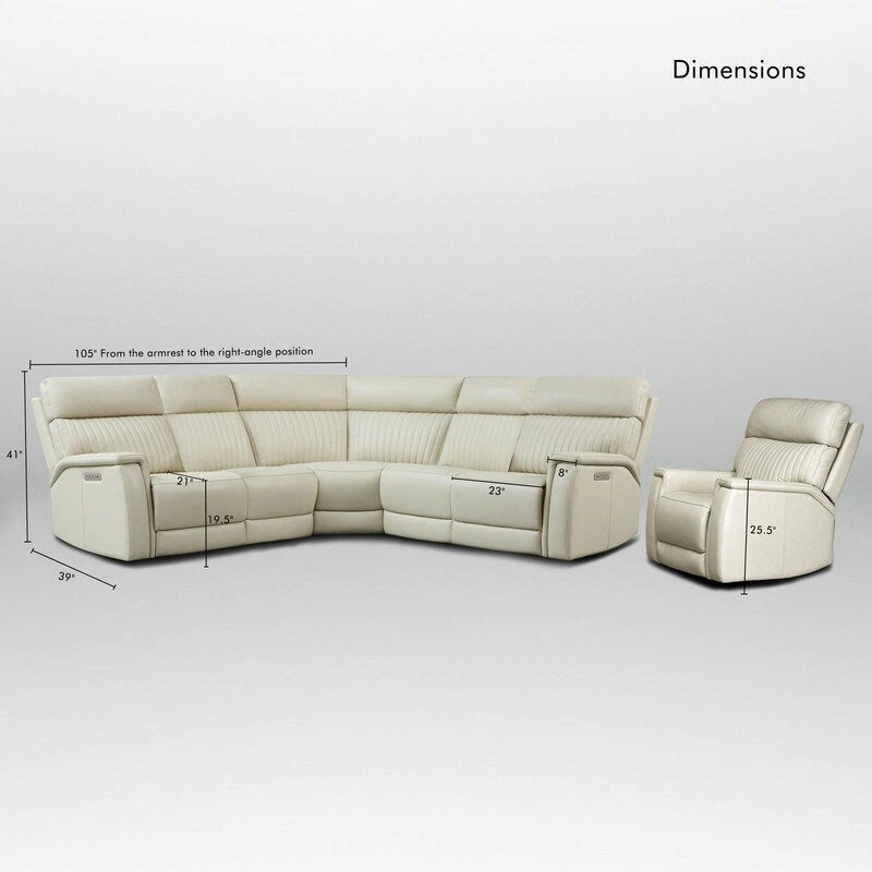 Cream Genuine Leather Power Reclining Sectional Sofa Set for 7, with USB & USB-C Ports