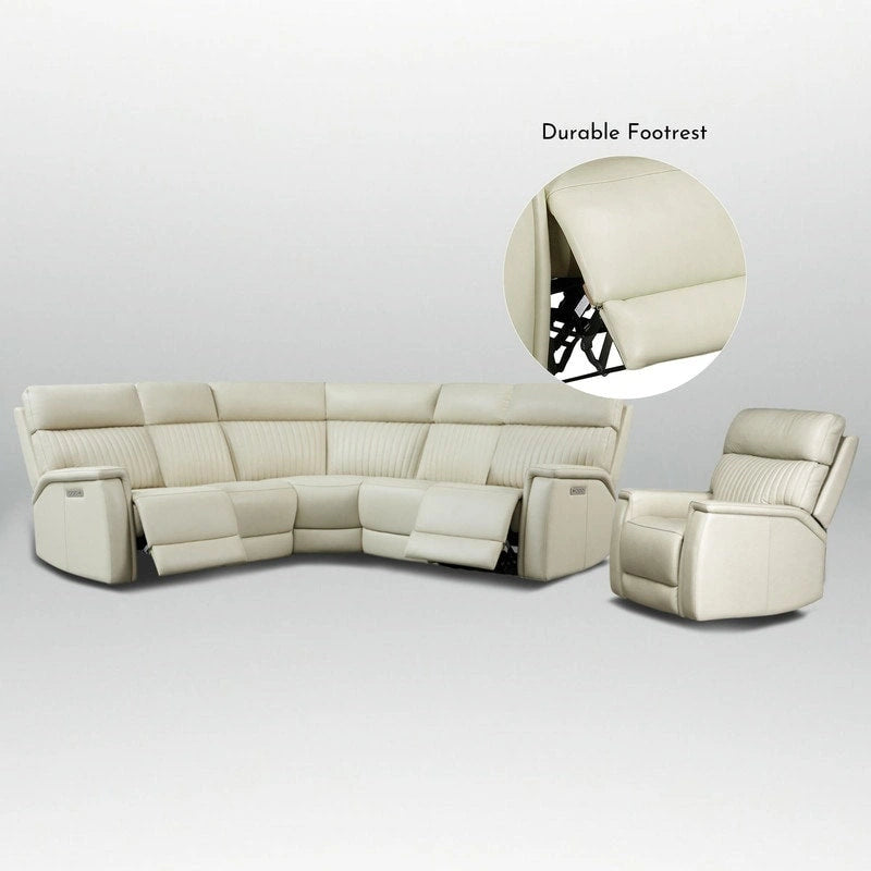 Cream Genuine Leather Power Reclining Sectional Sofa Set for 7, with USB & USB-C Ports