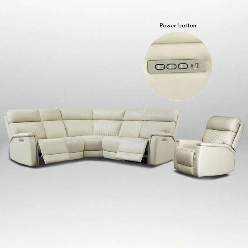 Cream Genuine Leather Power Reclining Sectional Sofa Set for 7, with USB & USB-C Ports
