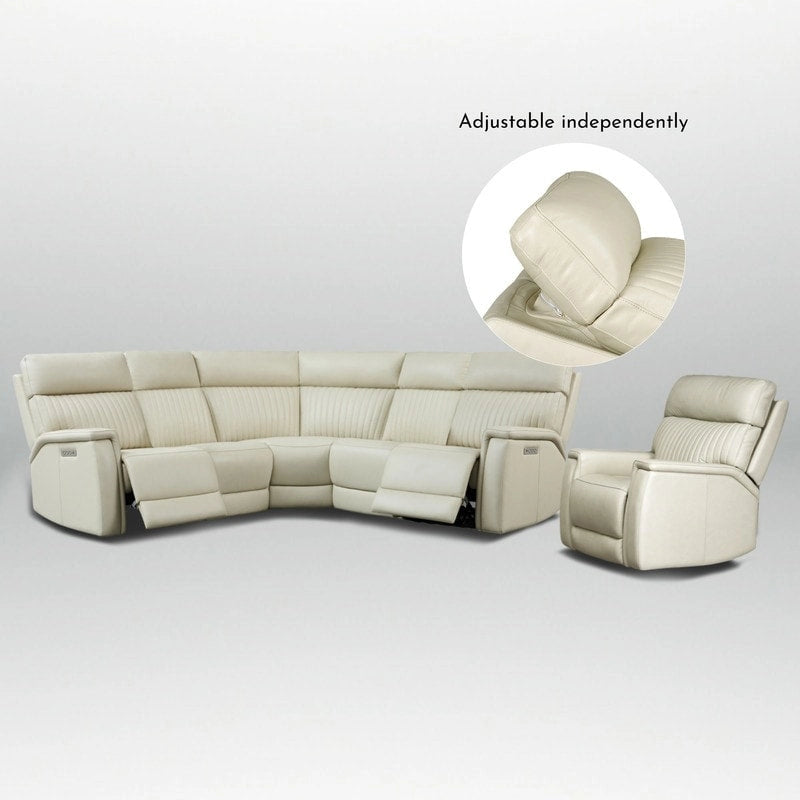 Cream Genuine Leather Power Reclining Sectional Sofa Set for 7, with USB & USB-C Ports