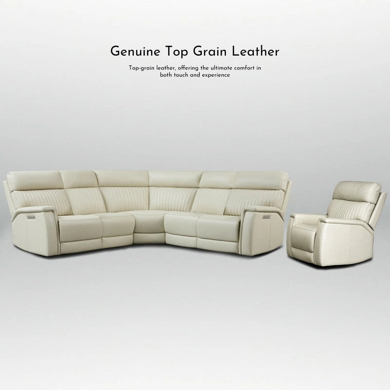 Cream Genuine Leather Power Reclining Sectional Sofa Set for 7, with USB & USB-C Ports