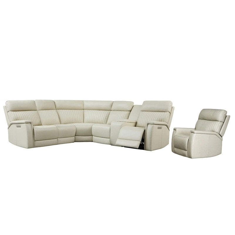 Cream Genuine Leather Power Reclining Sectional Sofa Set for 7, with USB & USB-C Ports