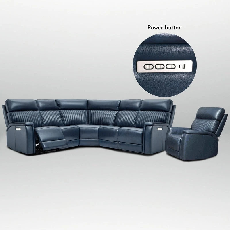 Cream Genuine Leather Power Reclining Sectional Sofa Set for 7, with USB & USB-C Ports