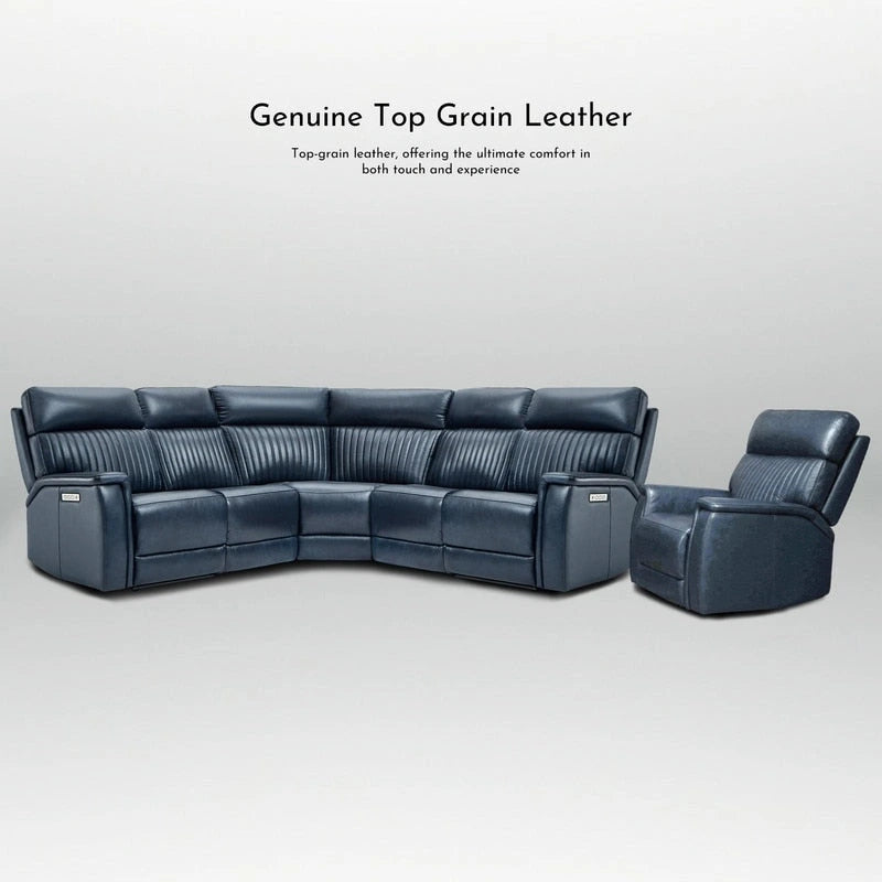 Cream Genuine Leather Power Reclining Sectional Sofa Set for 7, with USB & USB-C Ports