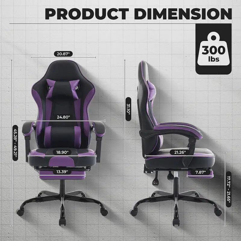 Green Ergonomic Gaming Chair, Height Adjustable, Reclining, with Footrest, for 1 Person, 300 lbs Capacity