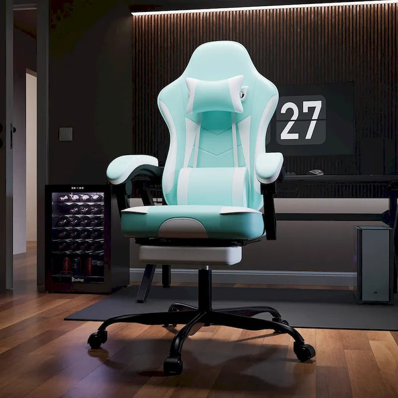 Green Ergonomic Gaming Chair, Height Adjustable, Reclining, with Footrest, for 1 Person, 300 lbs Capacity