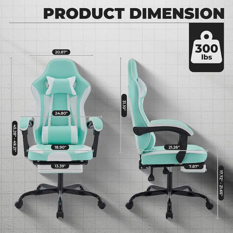 Green Ergonomic Gaming Chair, Height Adjustable, Reclining, with Footrest, for 1 Person, 300 lbs Capacity