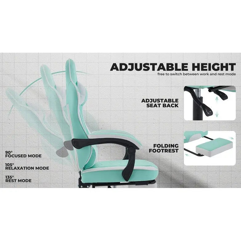 Green Ergonomic Gaming Chair, Height Adjustable, Reclining, with Footrest, for 1 Person, 300 lbs Capacity