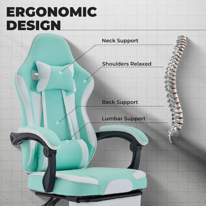 Green Ergonomic Gaming Chair, Height Adjustable, Reclining, with Footrest, for 1 Person, 300 lbs Capacity
