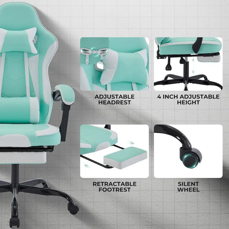 Green Ergonomic Gaming Chair, Height Adjustable, Reclining, with Footrest, for 1 Person, 300 lbs Capacity