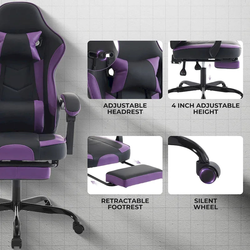 Green Ergonomic Gaming Chair, Height Adjustable, Reclining, with Footrest, for 1 Person, 300 lbs Capacity