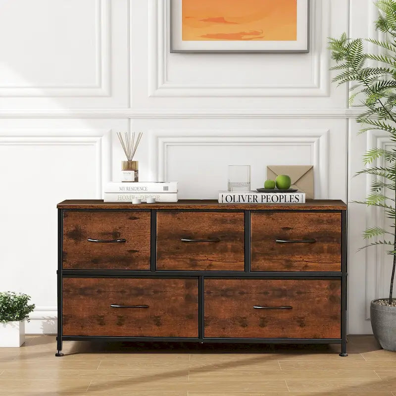 Black / Rust Brown / White / Grey, 5-Drawer Fabric Dresser with Steel Frame & Wood Top, for 1