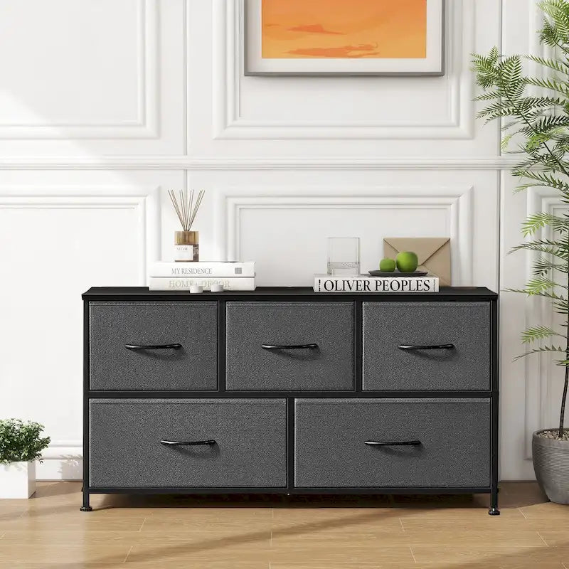 Black / Rust Brown / White / Grey, 5-Drawer Fabric Dresser with Steel Frame & Wood Top, for 1