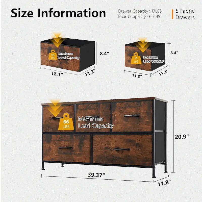Black / Rust Brown / White / Grey, 5-Drawer Fabric Dresser with Steel Frame & Wood Top, for 1