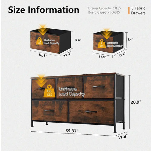 Black / Rust Brown / White / Grey, 5-Drawer Fabric Dresser with Steel Frame & Wood Top, for 1