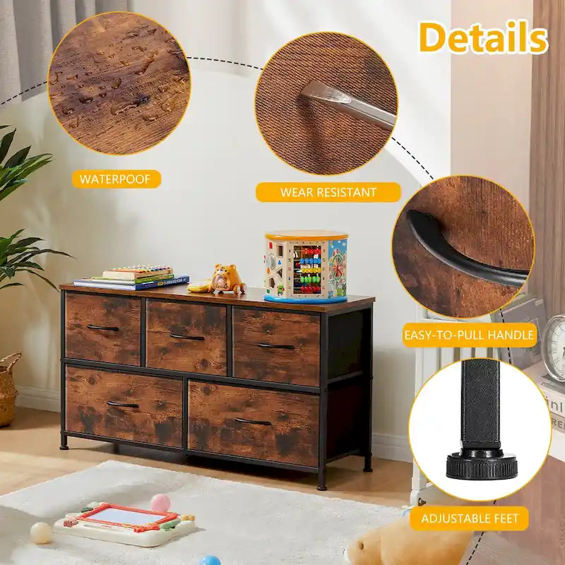 Black / Rust Brown / White / Grey, 5-Drawer Fabric Dresser with Steel Frame & Wood Top, for 1