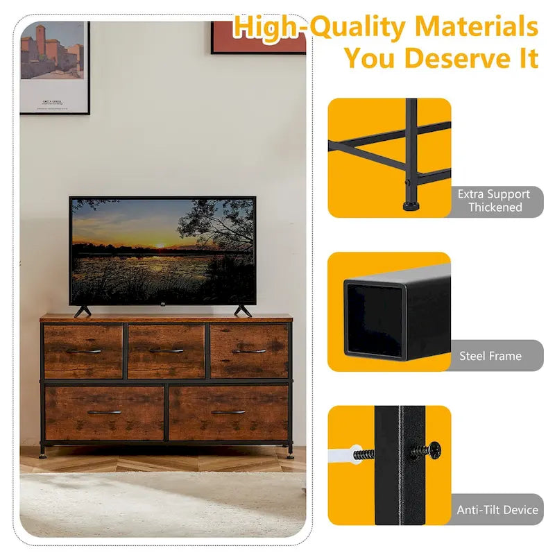 Black / Rust Brown / White / Grey, 5-Drawer Fabric Dresser with Steel Frame & Wood Top, for 1