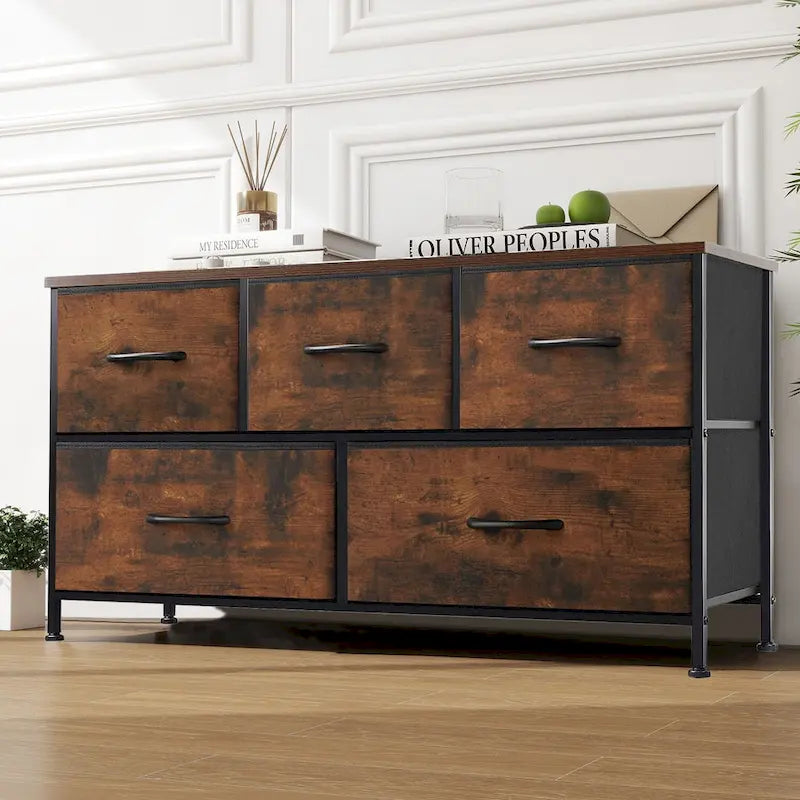 Black / Rust Brown / White / Grey, 5-Drawer Fabric Dresser with Steel Frame & Wood Top, for 1