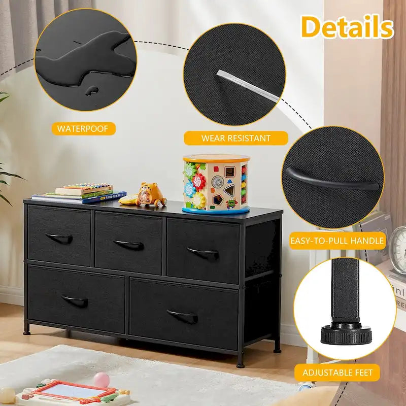 Black / Rust Brown / White / Grey, 5-Drawer Fabric Dresser with Steel Frame & Wood Top, for 1