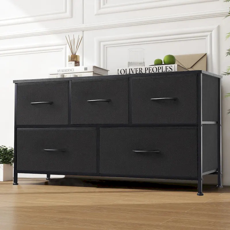 Black / Rust Brown / White / Grey, 5-Drawer Fabric Dresser with Steel Frame & Wood Top, for 1