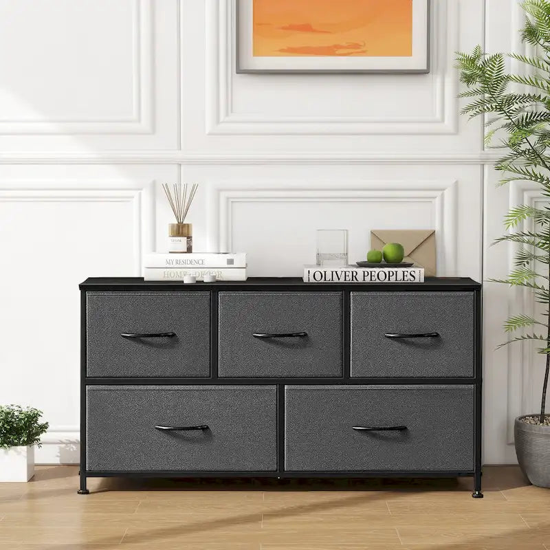 Black / Rust Brown / White / Grey, 5-Drawer Fabric Dresser with Steel Frame & Wood Top, for 1