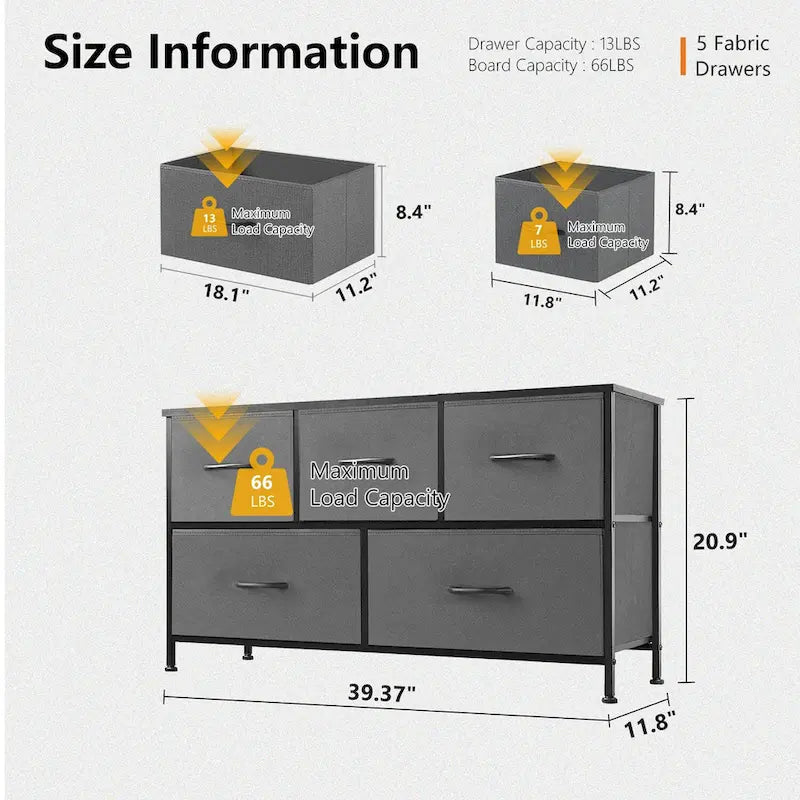 Black / Rust Brown / White / Grey, 5-Drawer Fabric Dresser with Steel Frame & Wood Top, for 1