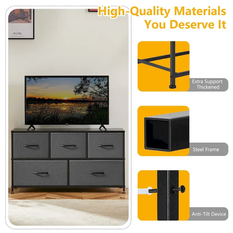Black / Rust Brown / White / Grey, 5-Drawer Fabric Dresser with Steel Frame & Wood Top, for 1