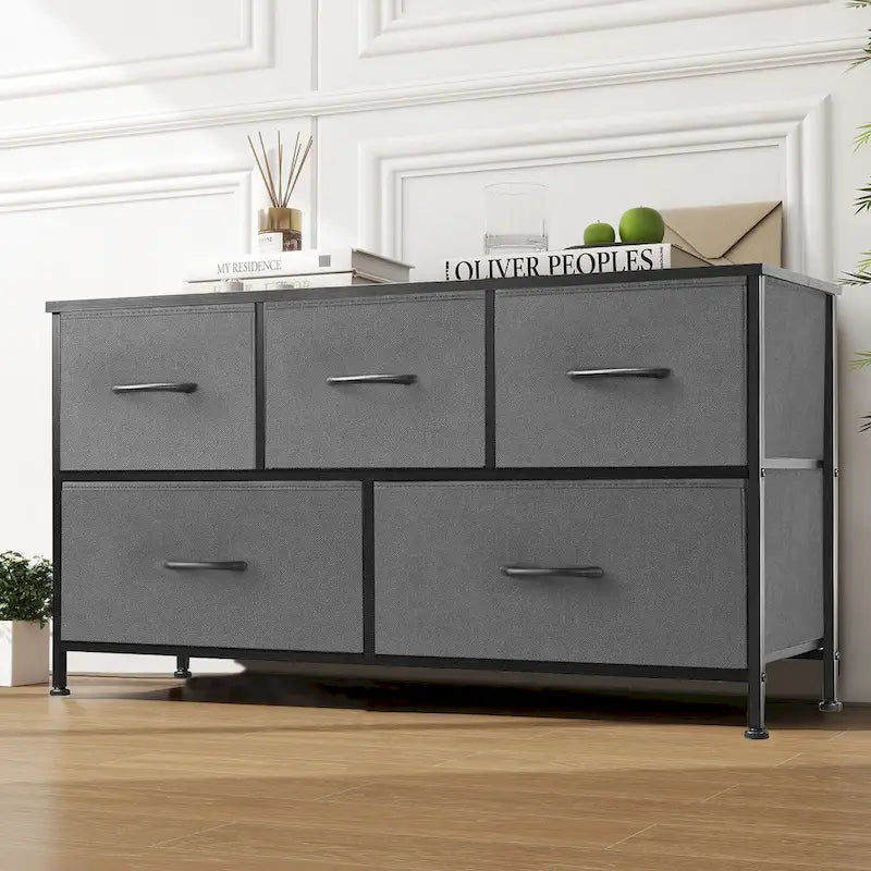Black / Rust Brown / White / Grey, 5-Drawer Fabric Dresser with Steel Frame & Wood Top, for 1