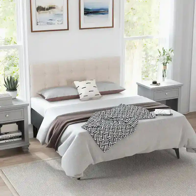 Gymax Full/Queen Size Headboard Linen Fabric Upholstered Button Tufted