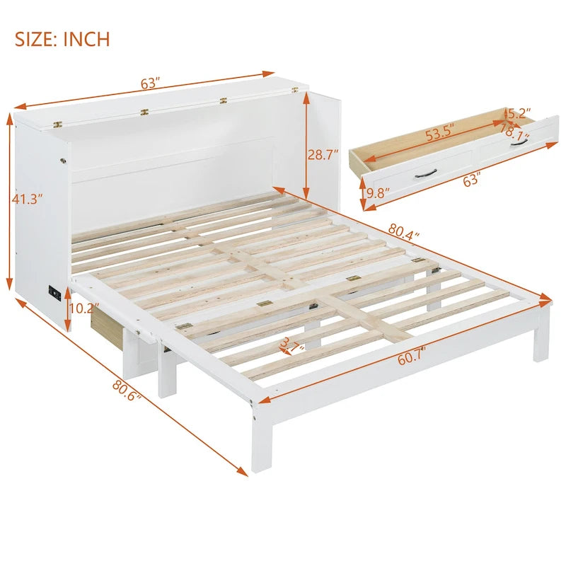White/Gold/Gray Queen Murphy Wall Bed with Storage Drawers & USB Port, 2-Person