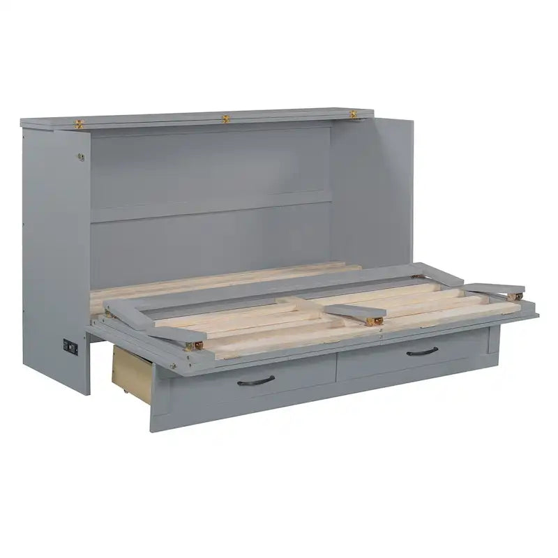 White/Gold/Gray Queen Murphy Wall Bed with Storage Drawers & USB Port, 2-Person