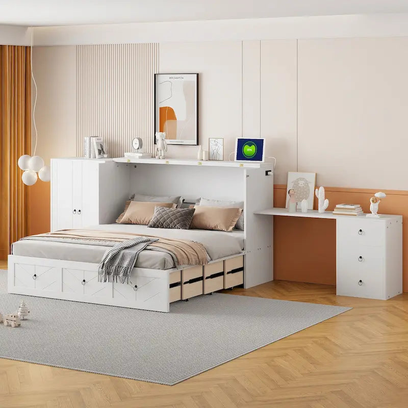 Queen Size Murphy Bed with USB Port, Large Drawer and Desk Combo for Bedroom