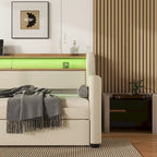 Beige Twin Size Upholstered Daybed with Trundle and LED