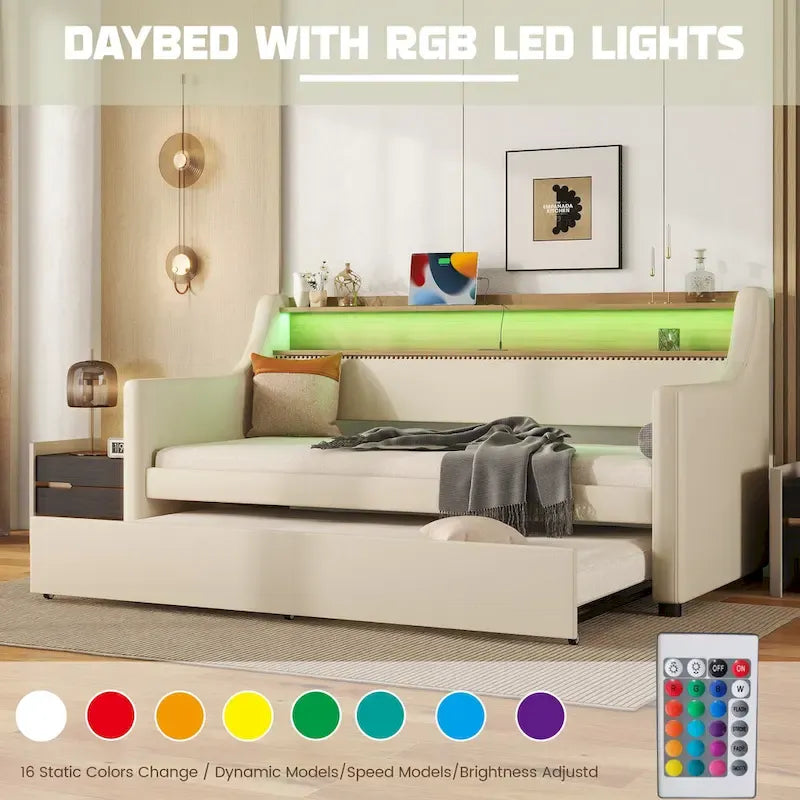 Beige Twin Size Upholstered Daybed with Trundle and LED