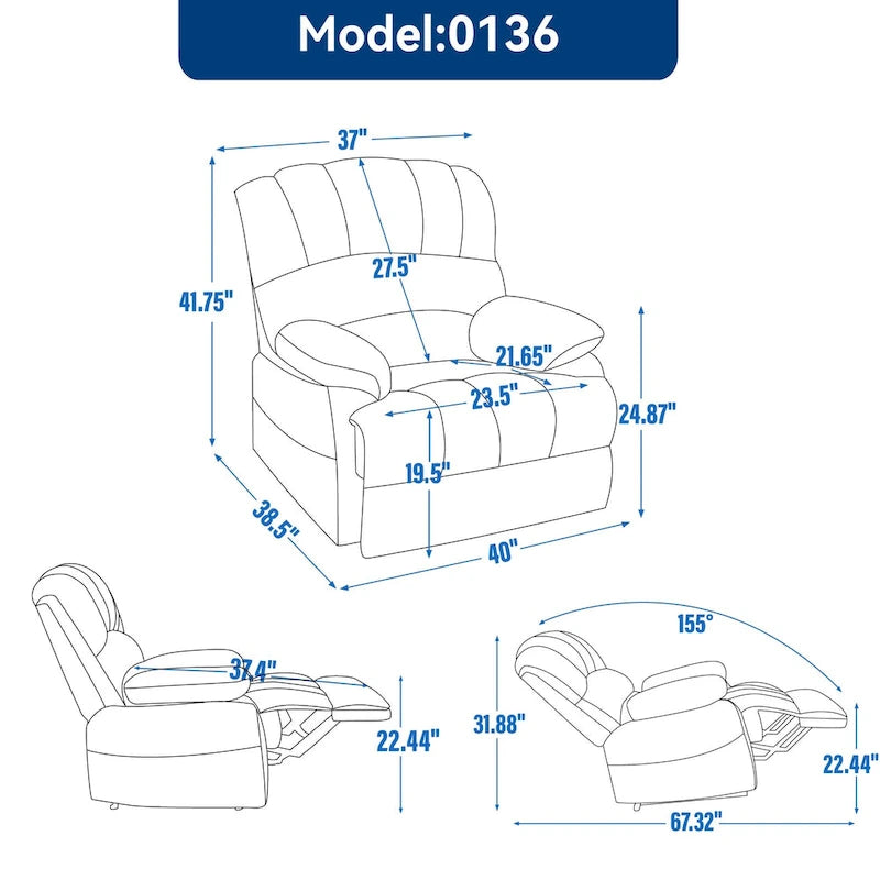 Brown Oversized Manual Recliner featuring 155 Recline, Easy Assembly, and Generous Design for Your Living Room