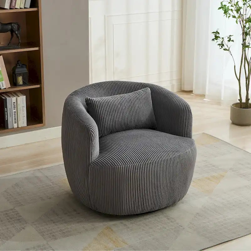 Corduroy 360° Swivel Barrel Accent Chair – Charcoal / Ivory / Light Gray, Single Seat