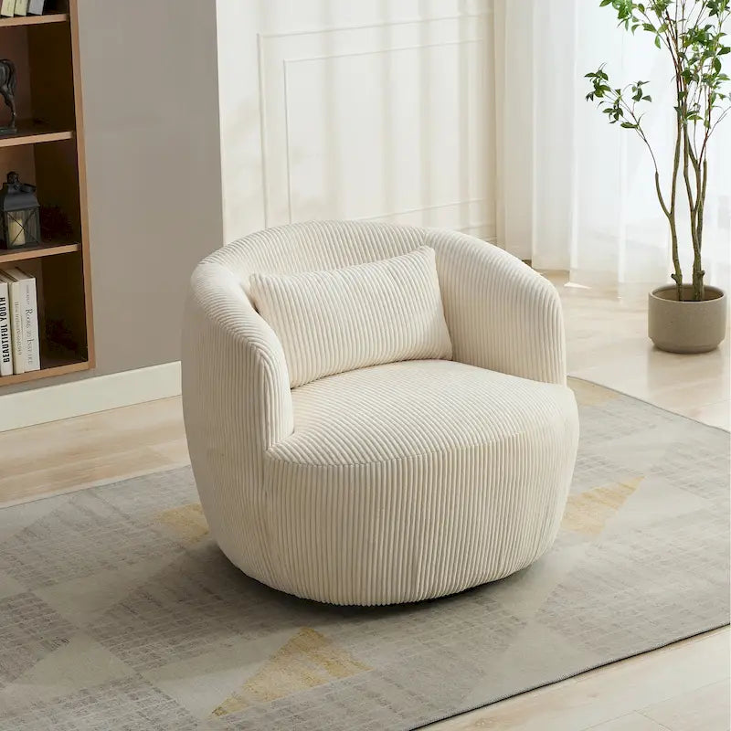 Corduroy 360° Swivel Barrel Accent Chair – Charcoal / Ivory / Light Gray, Single Seat