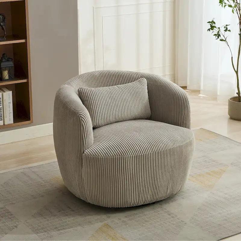 Corduroy 360° Swivel Barrel Accent Chair – Charcoal / Ivory / Light Gray, Single Seat