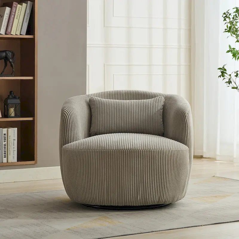 Corduroy 360° Swivel Barrel Accent Chair – Charcoal / Ivory / Light Gray, Single Seat
