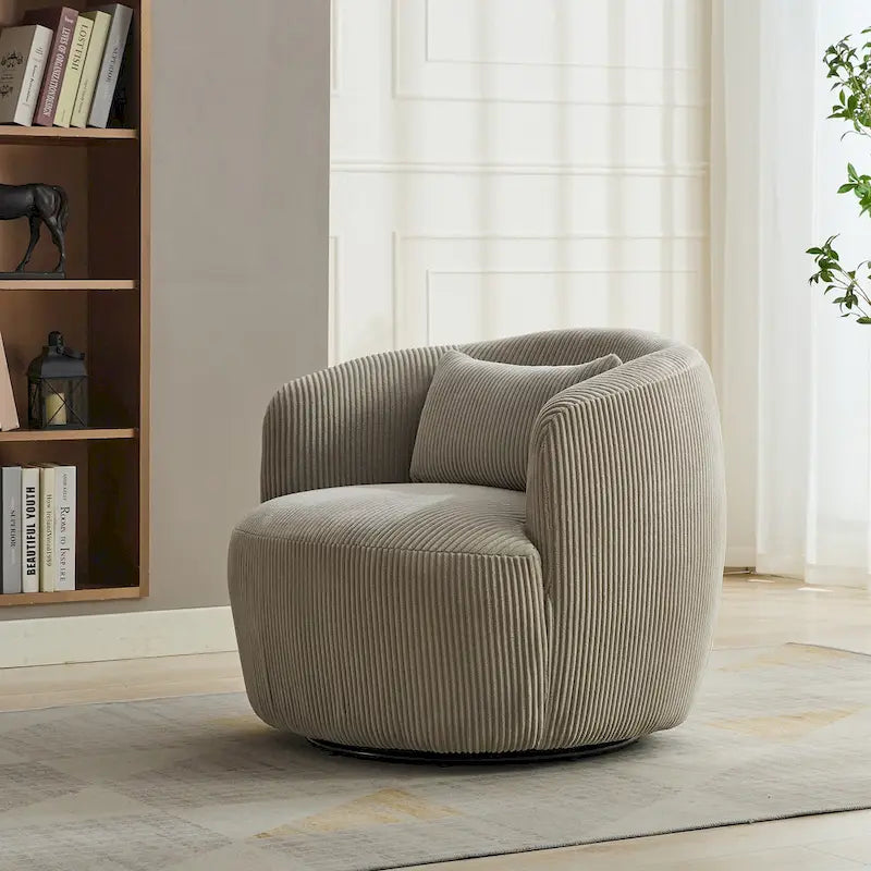 Corduroy 360° Swivel Barrel Accent Chair – Charcoal / Ivory / Light Gray, Single Seat