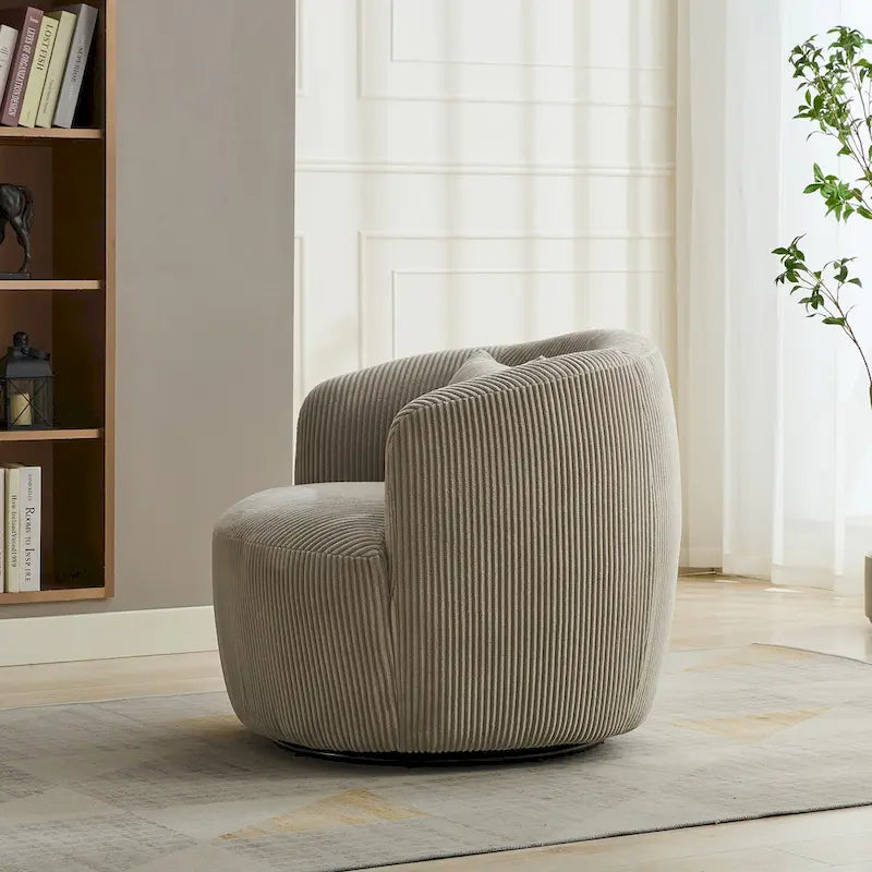 Corduroy 360° Swivel Barrel Accent Chair – Charcoal / Ivory / Light Gray, Single Seat