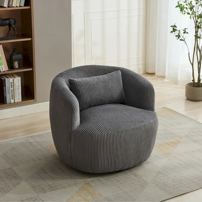 Corduroy 360° Swivel Barrel Accent Chair – Charcoal / Ivory / Light Gray, Single Seat