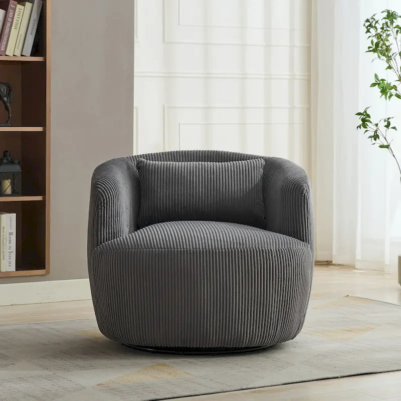 Corduroy 360° Swivel Barrel Accent Chair – Charcoal / Ivory / Light Gray, Single Seat