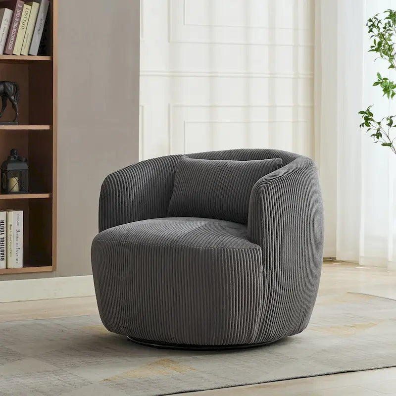 Corduroy 360° Swivel Barrel Accent Chair – Charcoal / Ivory / Light Gray, Single Seat
