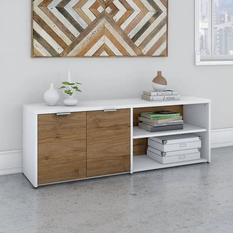 Low Storage Cabinet with Doors – White / Grey, 2-Door, 4-Shelf