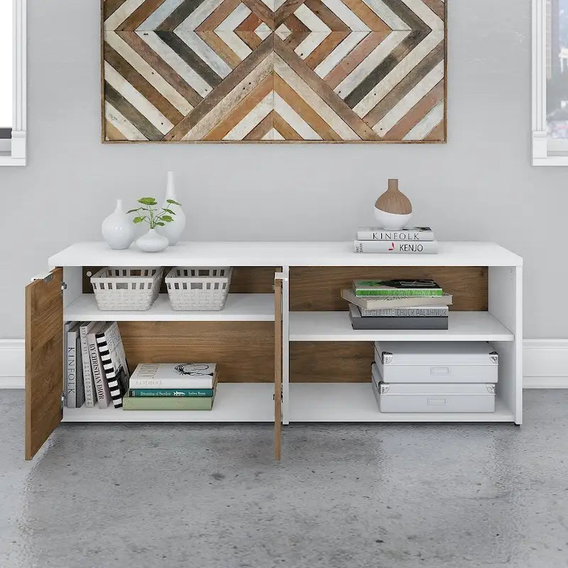 Low Storage Cabinet with Doors – White / Grey, 2-Door, 4-Shelf