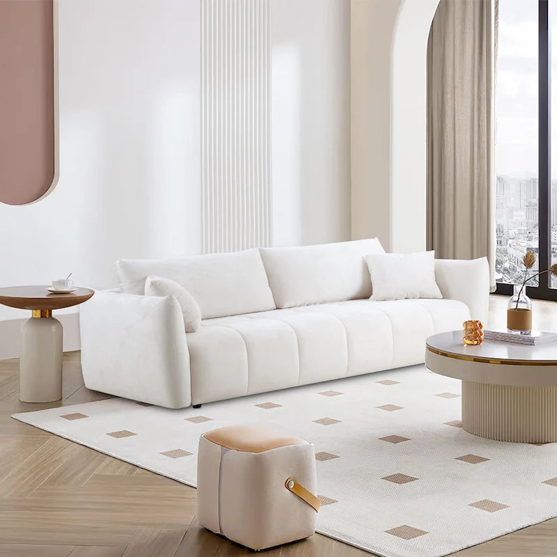 85" 3-Seater Fabric Sofa with 2 Pillows – Beige / Red / Creamy White