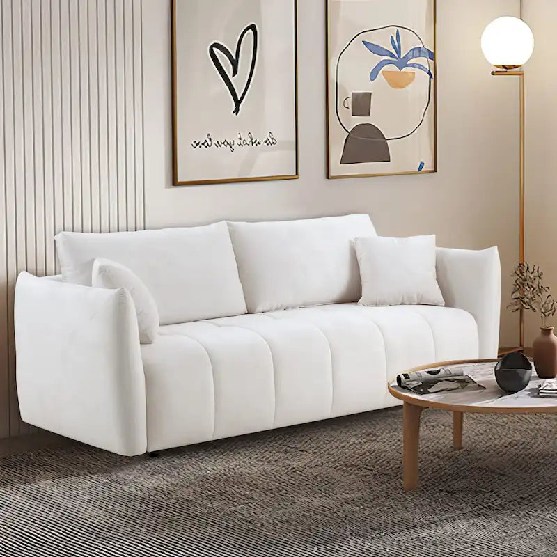 85" 3-Seater Fabric Sofa with 2 Pillows – Beige / Red / Creamy White